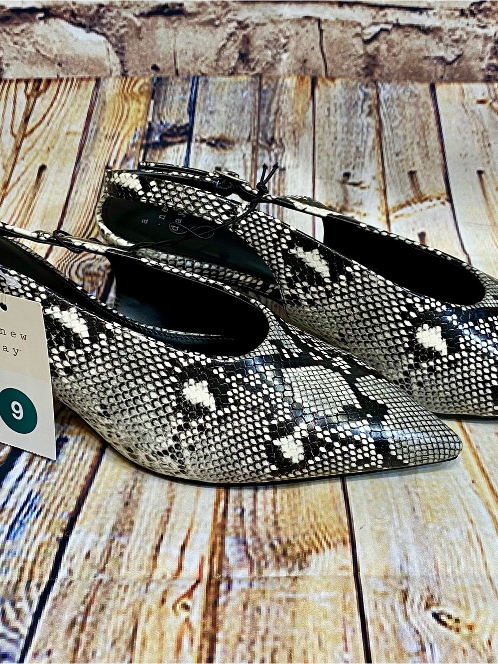 A New Day Samantha Black & White Snake-Print Pointed Slingback Heels